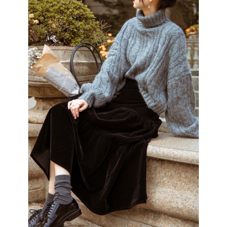 Chân váy chữ A dài trung bình màu đen bằng vải nhung dày thời trang thu đông thích hợp cho nữ