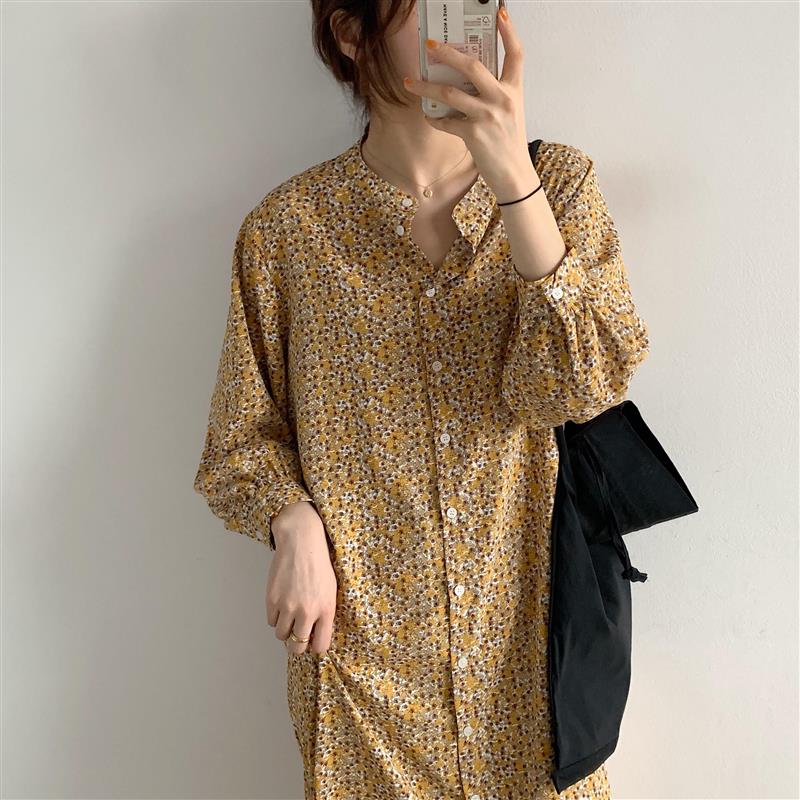 IELGY   Đầm Chiffon Dài Tay Cổ Tròn In Hoa Thời Trang