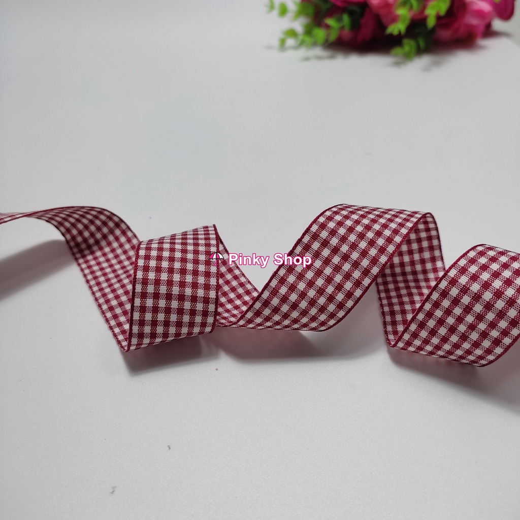 [Giá rẻ] Ruy băng vải caro 1cm 1.5cm 2.5cm màu cam, hồng, đỏ, làm nơ, hoa vải, phụ kiện trang trí handmade Pinky Shop