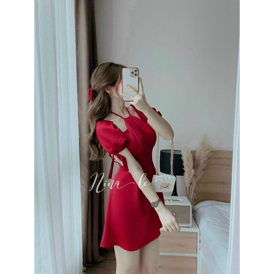 (Freeship) Đầm umi có mút tay hoa tay ngắn váy dài trên gối
