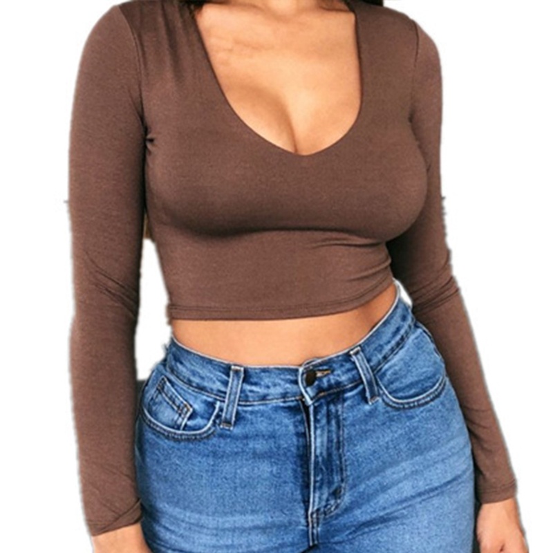 Áo Thun Tay Dài Cổ Chữ V Màu Sắc Đơn Giản Dành Cho Nữ