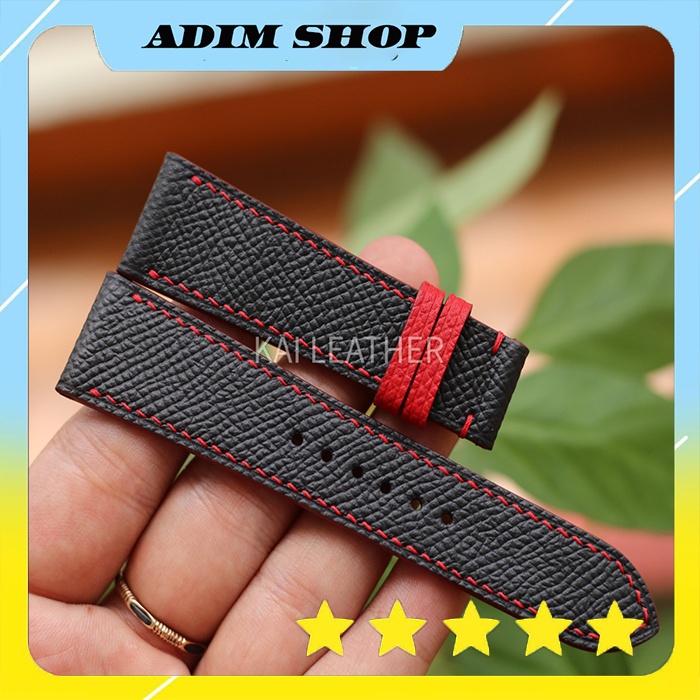 Dây da đồng hồ, chất liệu da Epsom Pháp - Đen chỉ đỏ - Khâu tay thủ công - Bảo hành 12 tháng