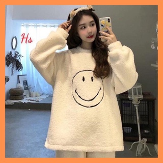 Bộ ngủ dài tay lông thêu mặt cười - Set ngủ nữ chất liệu lông mềm sang chảnh - LYLY STORE