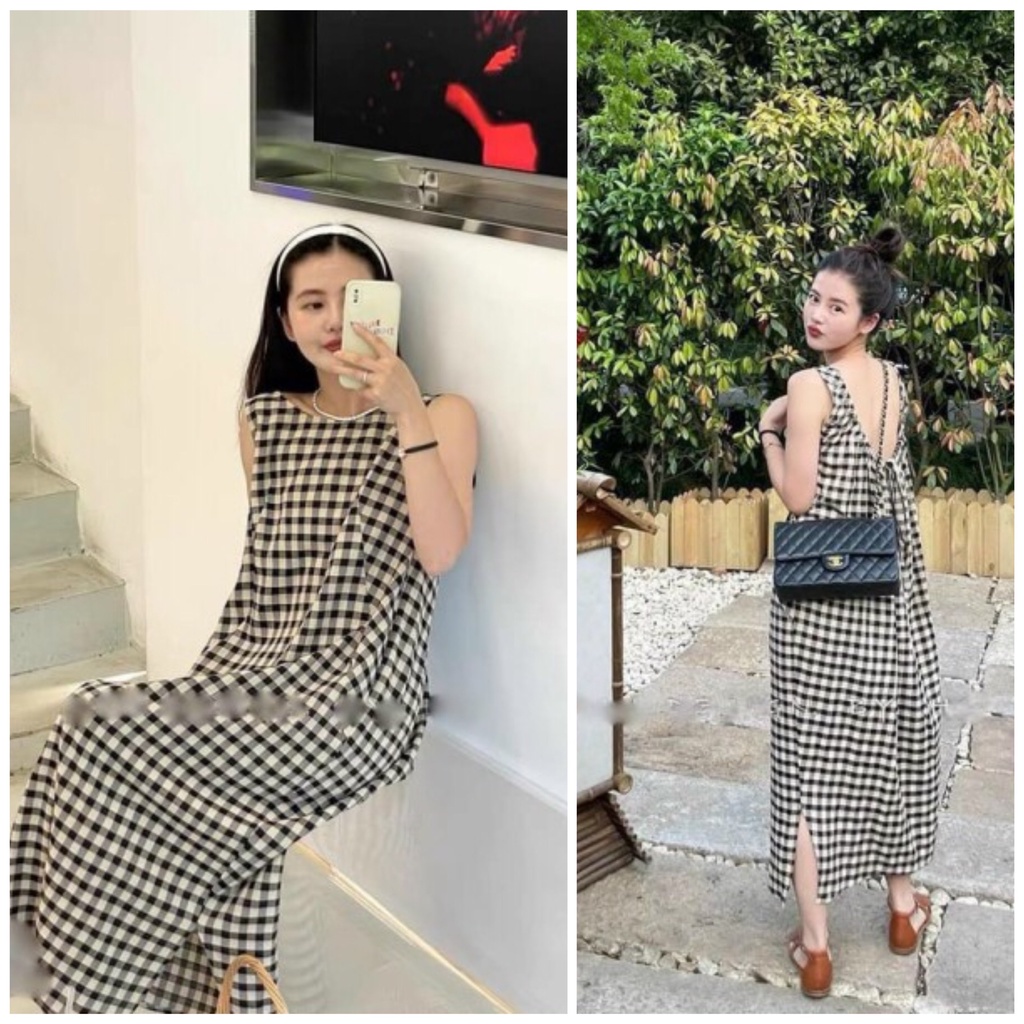 ✨BÁN SỈ✨Đầm kẻ đen trắng hở lưng buộc dây