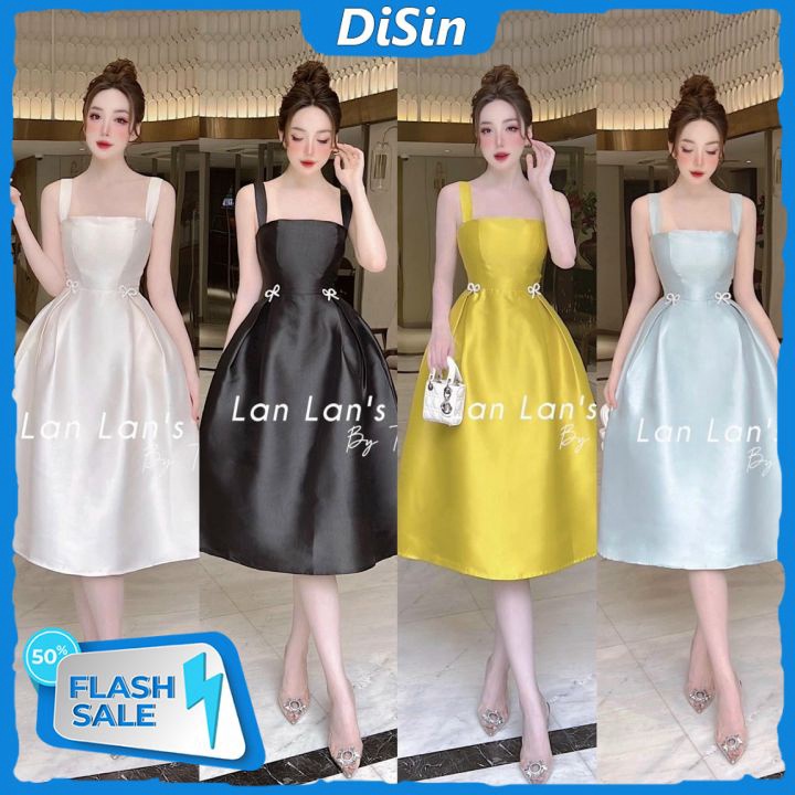Đầm Dự Tiệc Tapta Kiểu Hai Dây Bản Lớn Đính Cườm Eo Mẫu Trơn Dáng Xòe