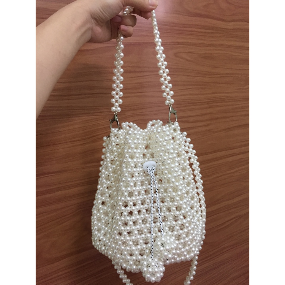 Túi xách tay kết hạt cườm giả ngọc trai handmade miệng rút dây thanh lịch