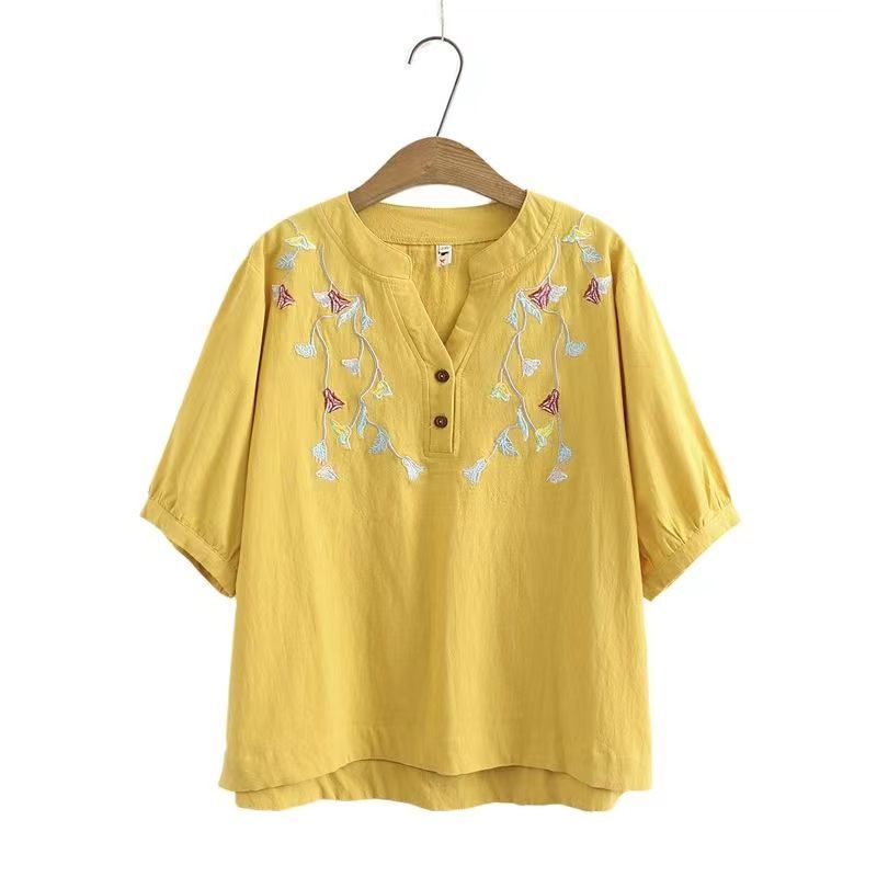 Áo Thun Cotton Lanh Tay Ngắn Cổ Chữ V Thêu Họa Tiết Thời Trang Mùa Hè 2022 Cho Nữ Trung Niên
