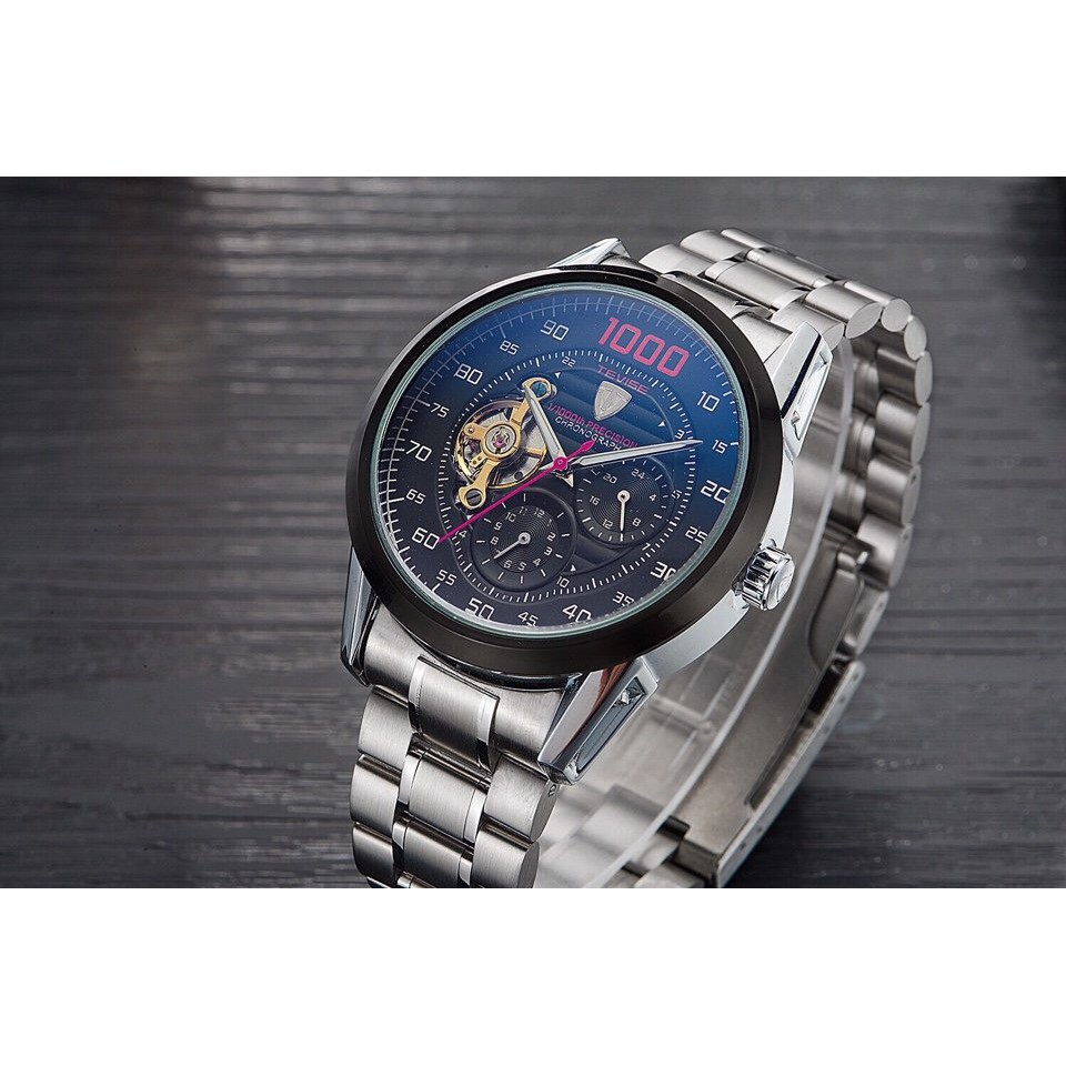 Đồng hồ nam Tevise chính hãng Dây kim loại Mặt lộ máy chính xác từng Milli Giây + Tặng hộp đồng hồ sang trọng (Đỏ / Đen)