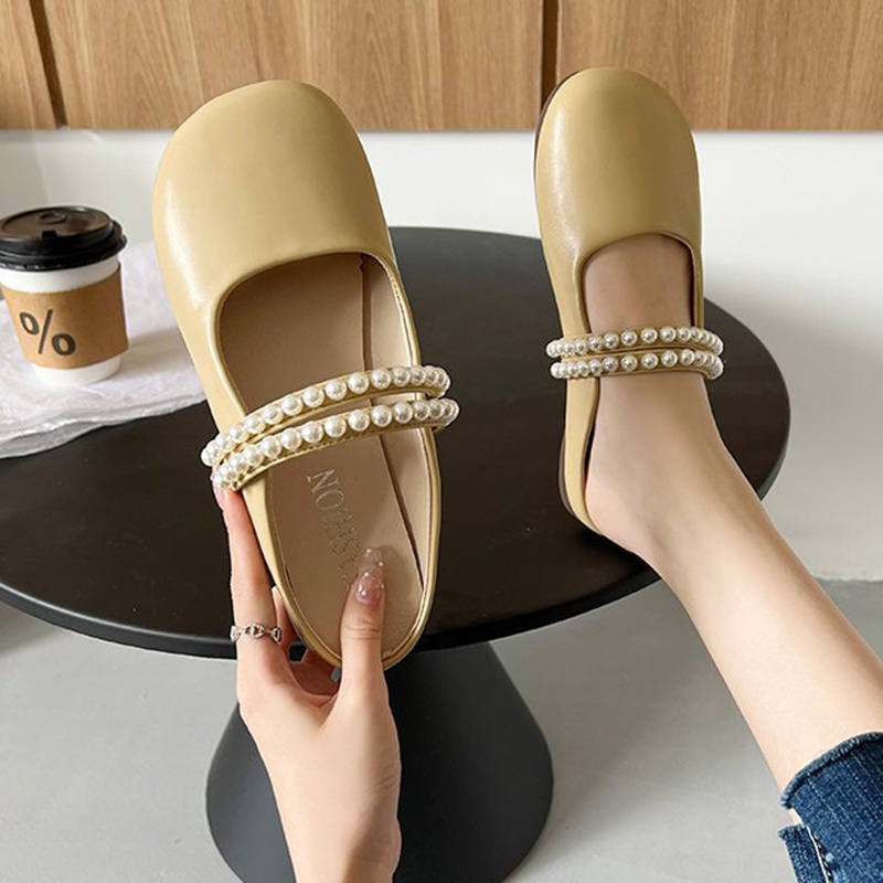 Dép bít mũi IELGY đế bằng đính ngọc trai giả màu trơn đơn giản thời trang cho nữ