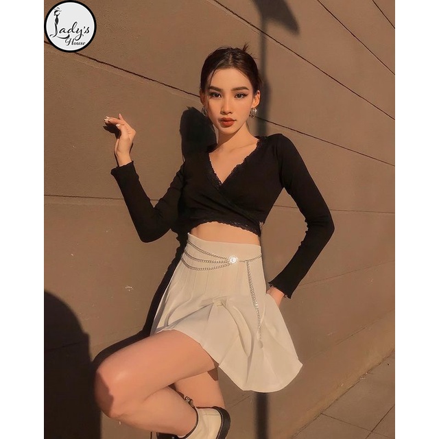 Áo Croptop Viền Ren Tay Dài Cột Dây Eo Siêu Xinh Cổ Chữ V Form Ôm Chất Thun Phối Ren "CROPTOP VIỀN REN" | BigBuy360 - bigbuy360.vn