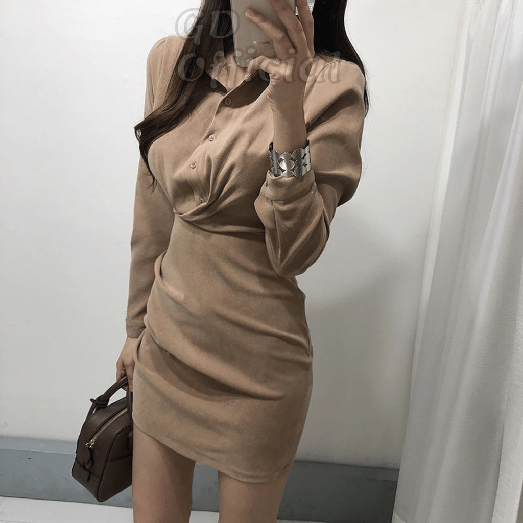D2|Đầm sơ mi nữ thắt eo kiểu pháp chất nhung công sở, dạ tiệc gd_order