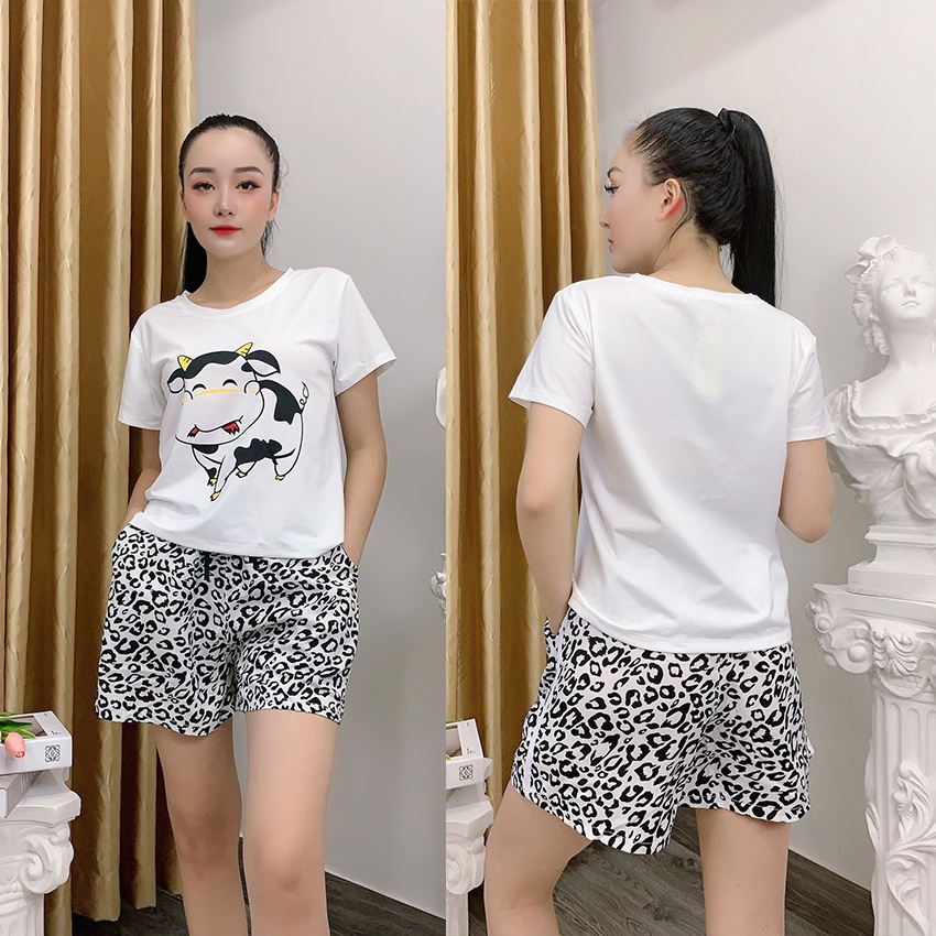 Đồ Bộ Nữ Mặc Nhà Anquachi Bò Sữa Đẹp Thun Cotton Nữ Mặc Ngủ Ở Nhà Dễ Thương Quần Đùi Cute A051