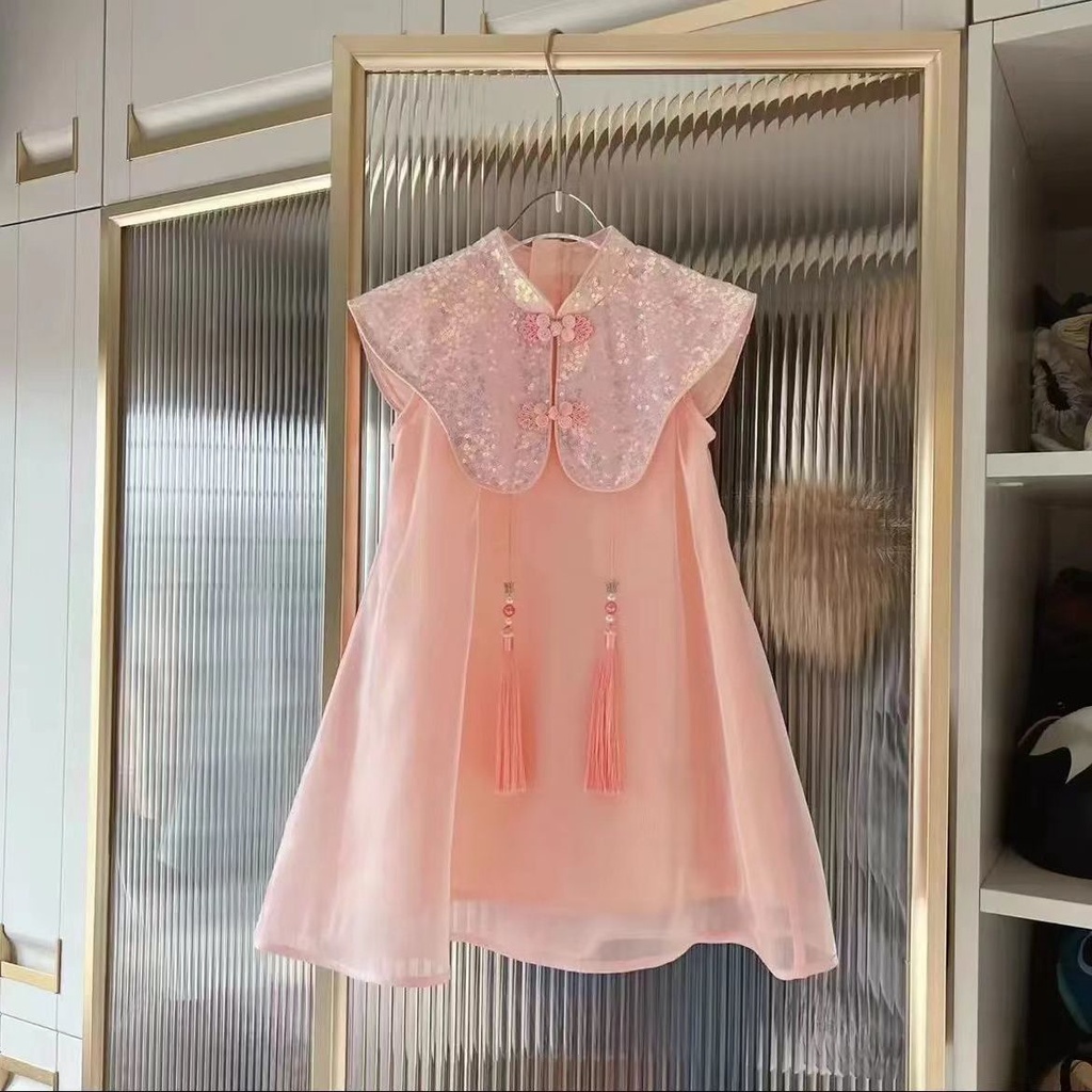 Đầm Sườn Xám Không Tay Phối Tua Rua Thời Trang Mùa Hè Dành Cho Bé Gái