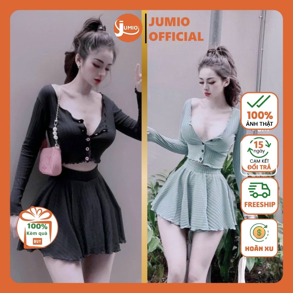 Set đồ nữ cá tính, set váy áo croptop sang chảnh phong cách Hàn Quốc dài tay cổ tròn co giãn tốt chất len tăm JUMIO