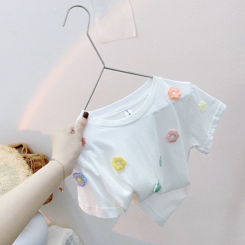 Áo thun cotton tay lỡ in họa tiết hoa dễ thương thời trang mùa hè phong cách Hàn Quốc cho bé gái