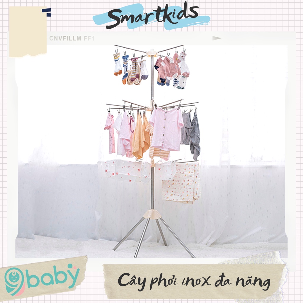 [ẢNH THẬT + VIDEO] Cây phơi đồ đa năng inox 56 móc siêu tiện dụng 9BABY