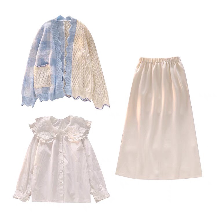 Set Áo Len Cardigan Mix Sơ Mi Chân Váy Phong Cách Hàn Quốc Kiểu Dáng Mới Hàng Quảng Châu