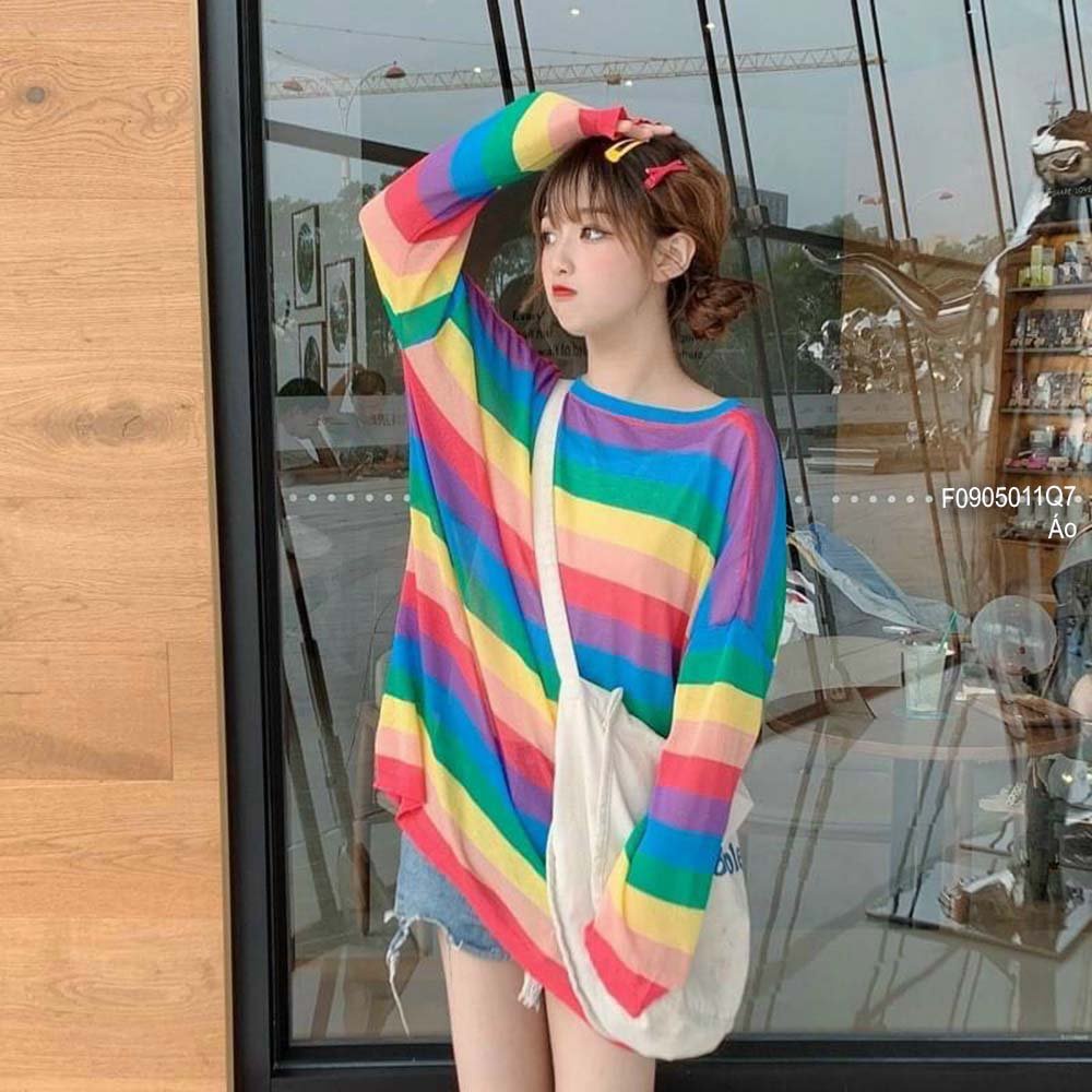 Áo len mỏng sọc màu cầu vồng form rộng tay dài hàng QC!