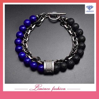 Vòng đeo Charm Bạc tay 2 lớp phong cách Mạnh Mẽ cho nam Phong Thuỷ Đá núi lửa VTB001