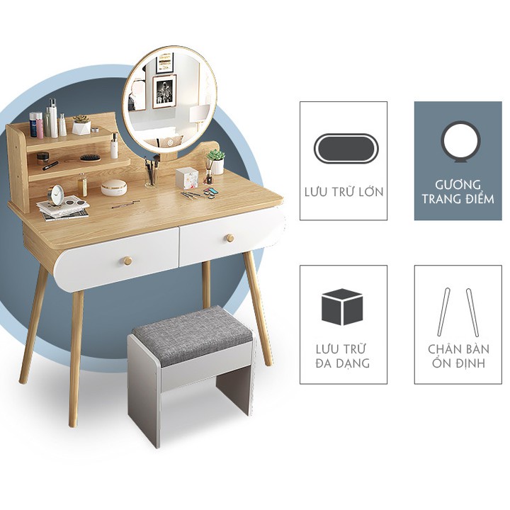 Bàn trang điểm LED 2 ngăn kéo(AK02), phong cách hiện đại với hai màu vân gỗ, trắng( chưa gồm ghế)
