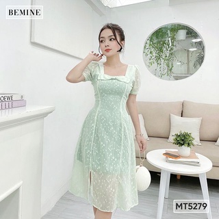 Đầm cổ vuông đính nơ cổ BEMINE MT5279XANHDAU