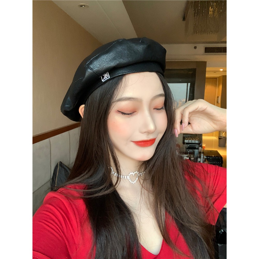 Mũ Beret Da pu Màu Trơn In Chữ Phong Cách Hàn Quốc Thời Trang Thu Đông Cho Nữ