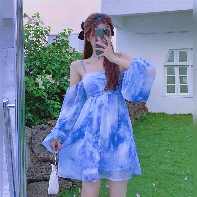 IELGY Đầm Tay Phồng Dài Màu Nhuộm Phong Cách Pháp Cổ Điển Mẫu Mới Thời Trang Mùa Hè Cho Nữ 2022