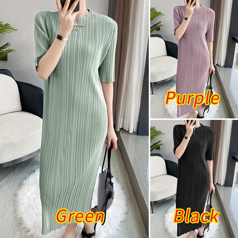 Đầm dài ZANZEA cổ chữ V tay lửng xếp ly màu trơn thời trang công sở nữ tính