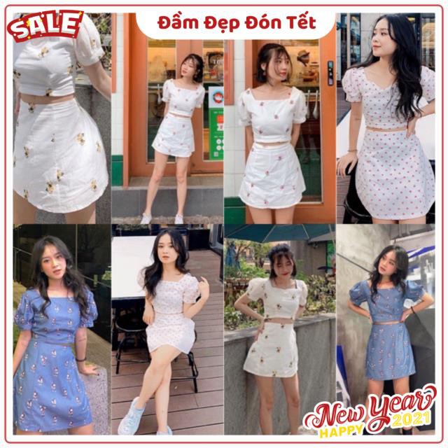Sét Chân váy kém áo croptop tay phồng hoạ tiết hoa nhí | BigBuy360 - bigbuy360.vn