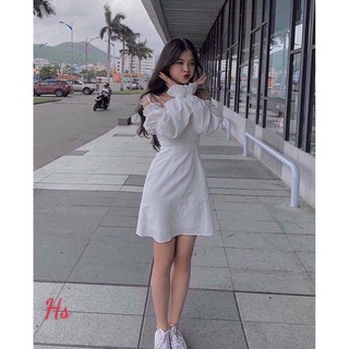 váy 2 dây nơ trễ vai dài tay chun eo