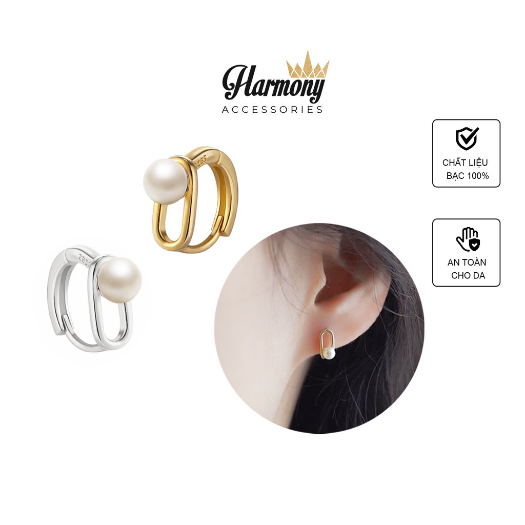 Khuyên tai tròn nữ bạc đính ngọc trai nhân tạo 2 màu bạc, vàng Retro (1 đôi) | HARMONY ACCESSORIES K99
