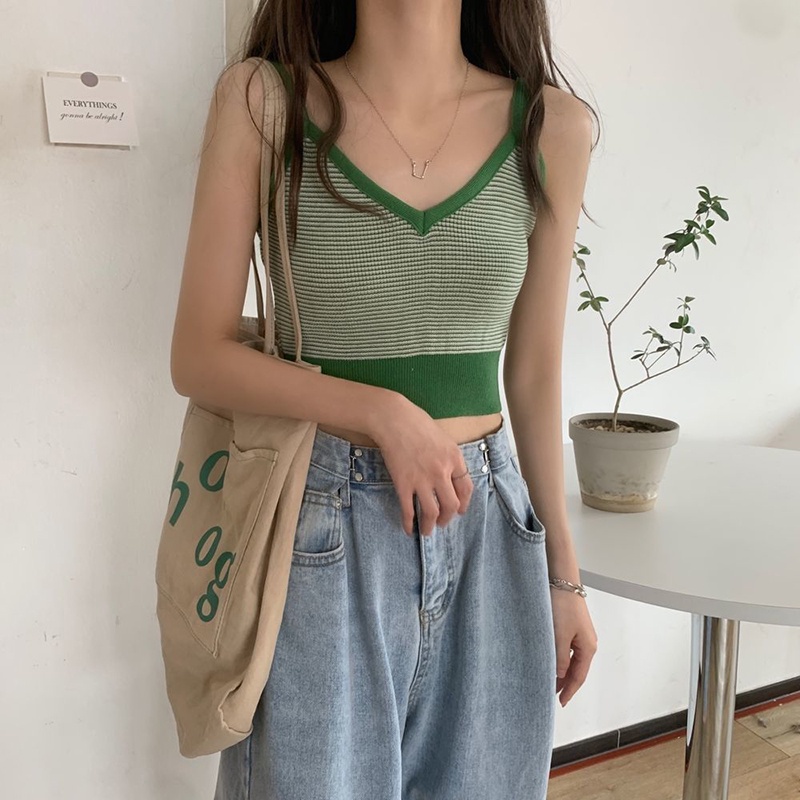 Áo hai dây IELGY chất liệu dệt kim họa tiết kẻ sọc màu tương phản cho nữ