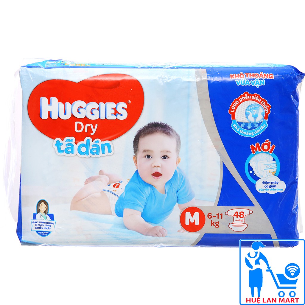 [CHÍNH HÃNG] Bỉm - Tã Dán Huggies Dry Size M48 Miếng (Cho bé 6-11kg)