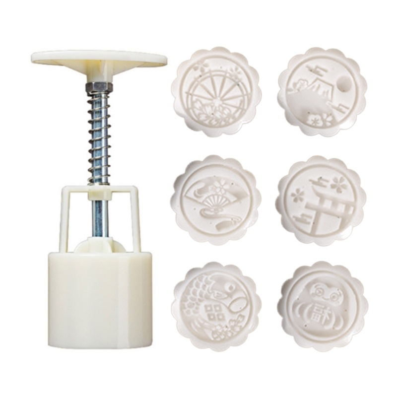 Set khuôn nhấn làm bánh trung thu kèm 6 đầu cắt bằng nhựa dùng trong lễ hội