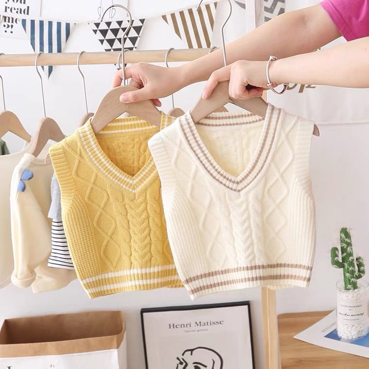(MỚI) Áo sát nách dệt kim cổ chữ V phong cách Hàn Quốc cho bé