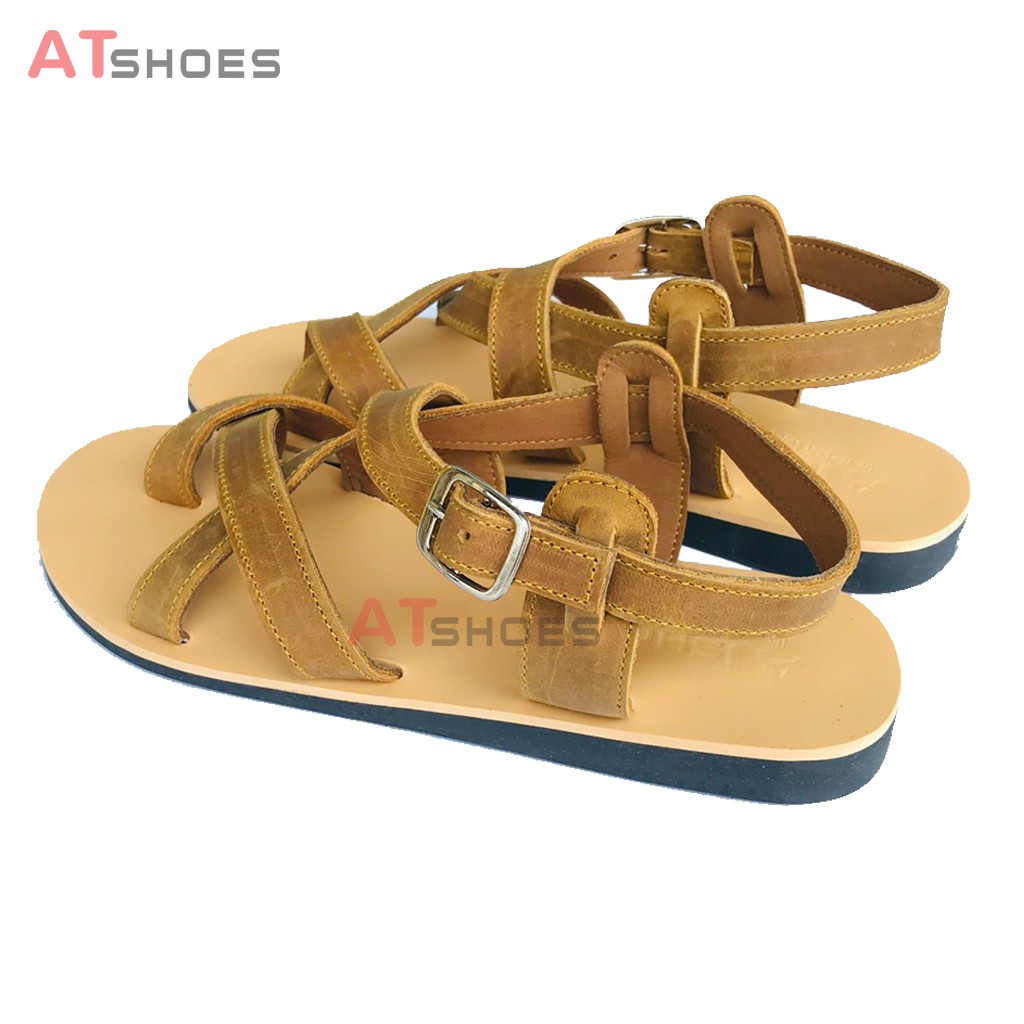 Dép Sandal Unisex cao cấp Da Bò Thật Sandal xỏ ngón nam nữ chuẩn kiểu Hàn Quốc Trẻ Trung Atshoes AT40 (Vàng)