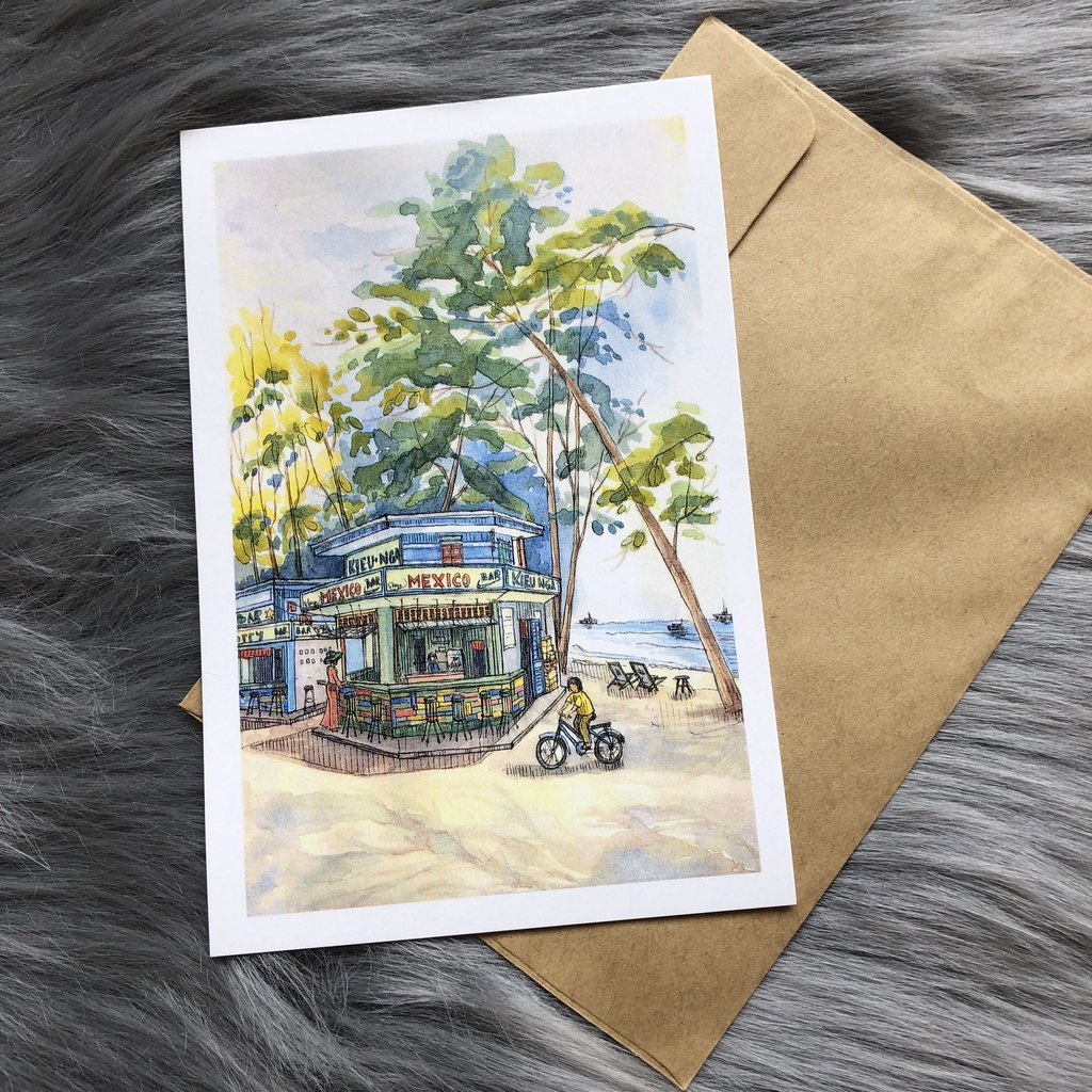 Postcard, Thiệp chúc mừng, Tranh trang trí BST Vũng Tàu xưa  kèm bao thư Kraft