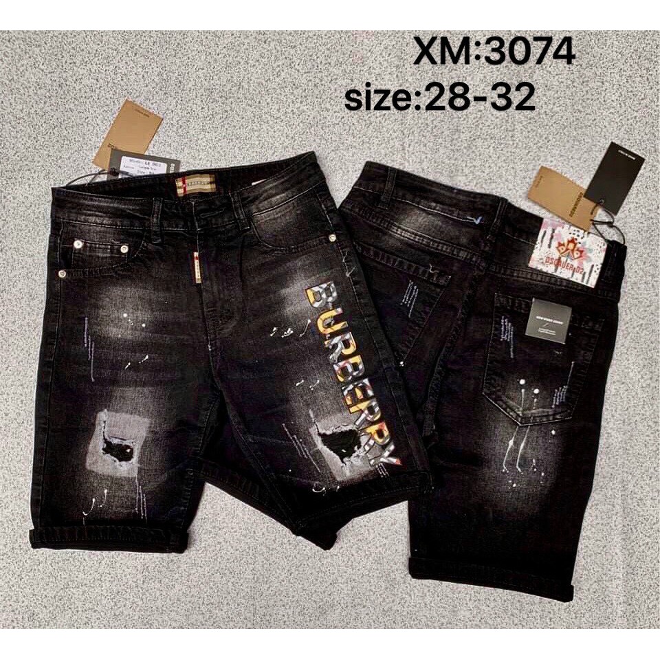 Quần short jean nam xám than wash trắng rách vá kiểu cách BB chất bò dày dặn co giãn, cầm nặng tay 3074