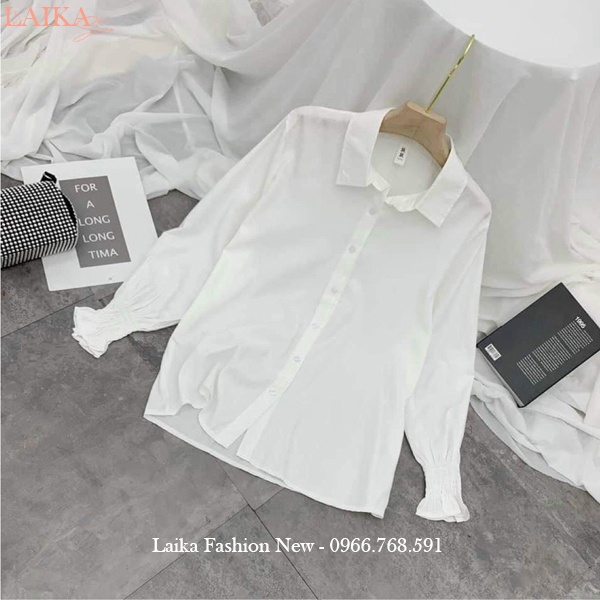 Áo sơ mi trắng nữ tay dài bo chun nhúm cổ bẻ form rộng vừa đi học làm công sở chất vải lụa mát kiểu áo sơ mi nữ tay dài