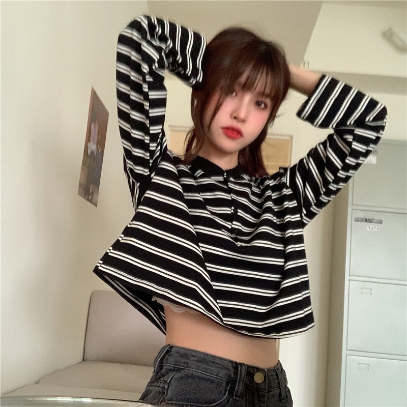 【ZHELIHANGFEI】Áo Thun POLO Tay Dài Form Rộng Họa Tiết Sọc Dễ Phối Đồ