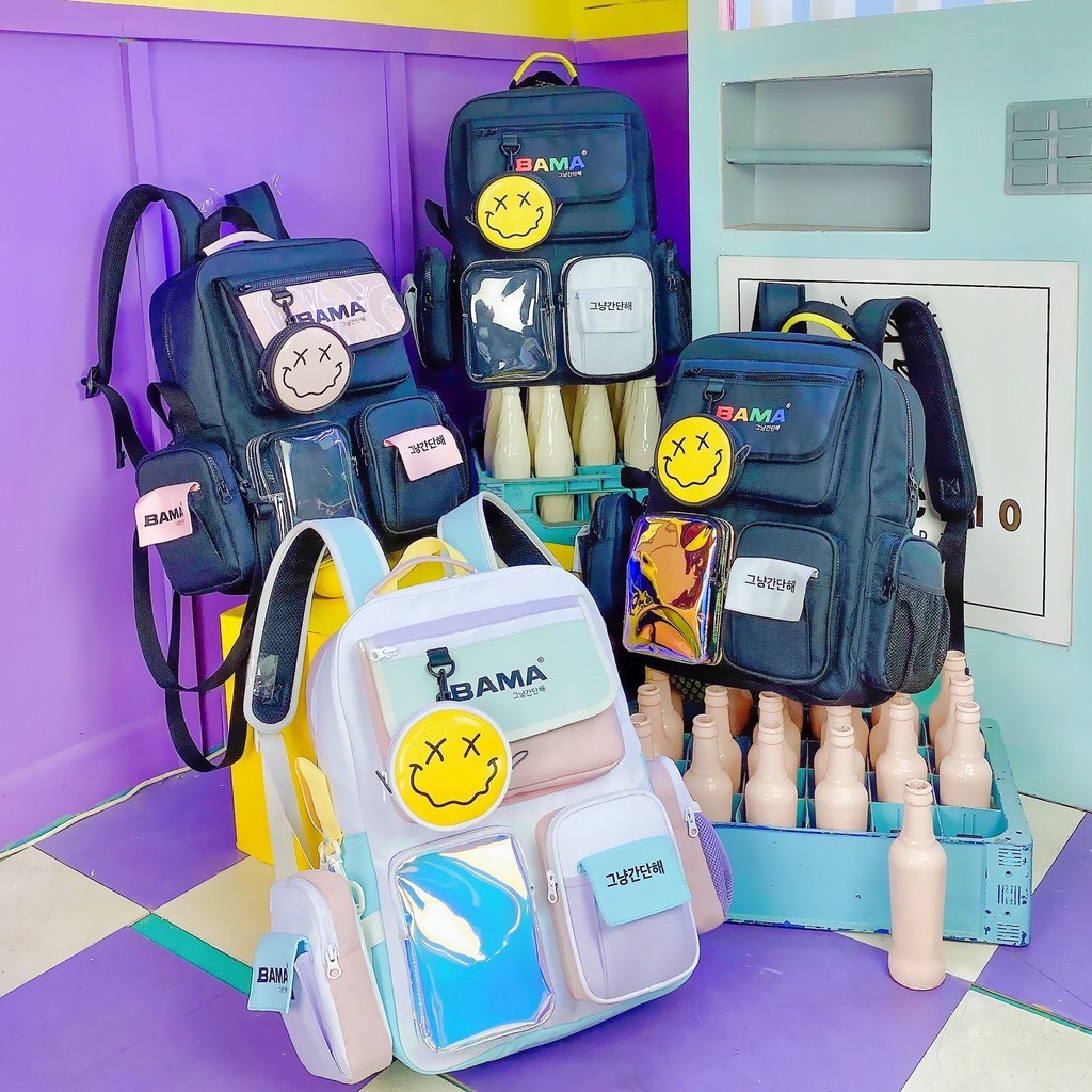 Balo Bama 444 Backpack kèm túi tròn mini và móc khoá gấu