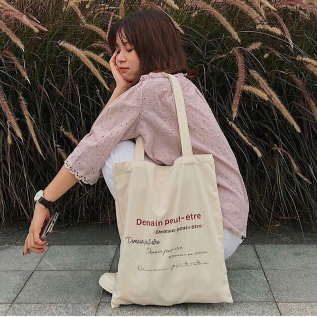 Túi tote vải canvas phong cách vintage Hàn Quốc Chữ Demain