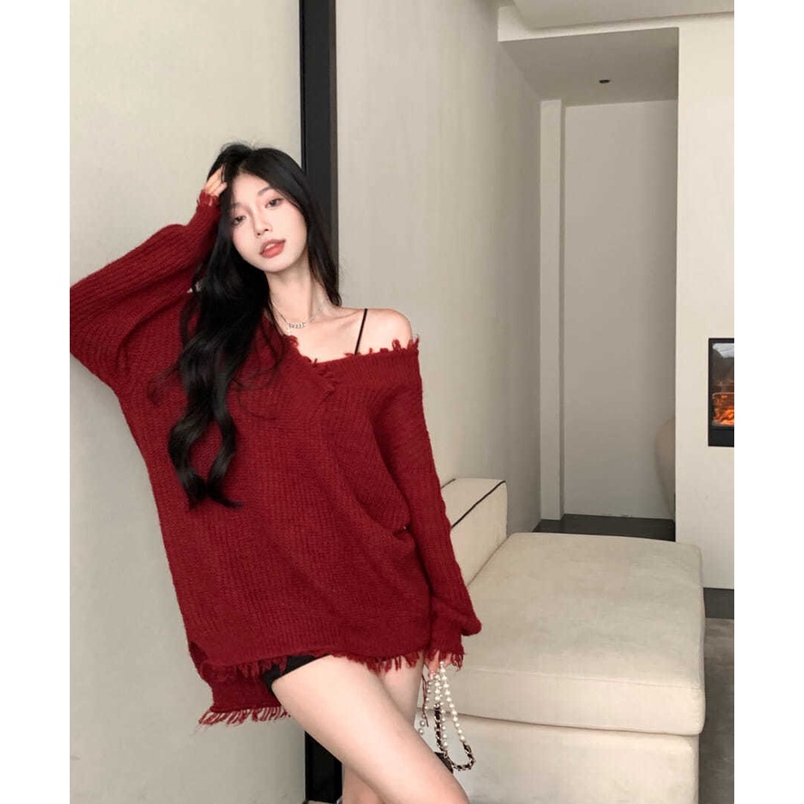 Áo sweater nữ dáng rộng cổ chữ V gợi cảm thời trang phong cách Giáng sinh
