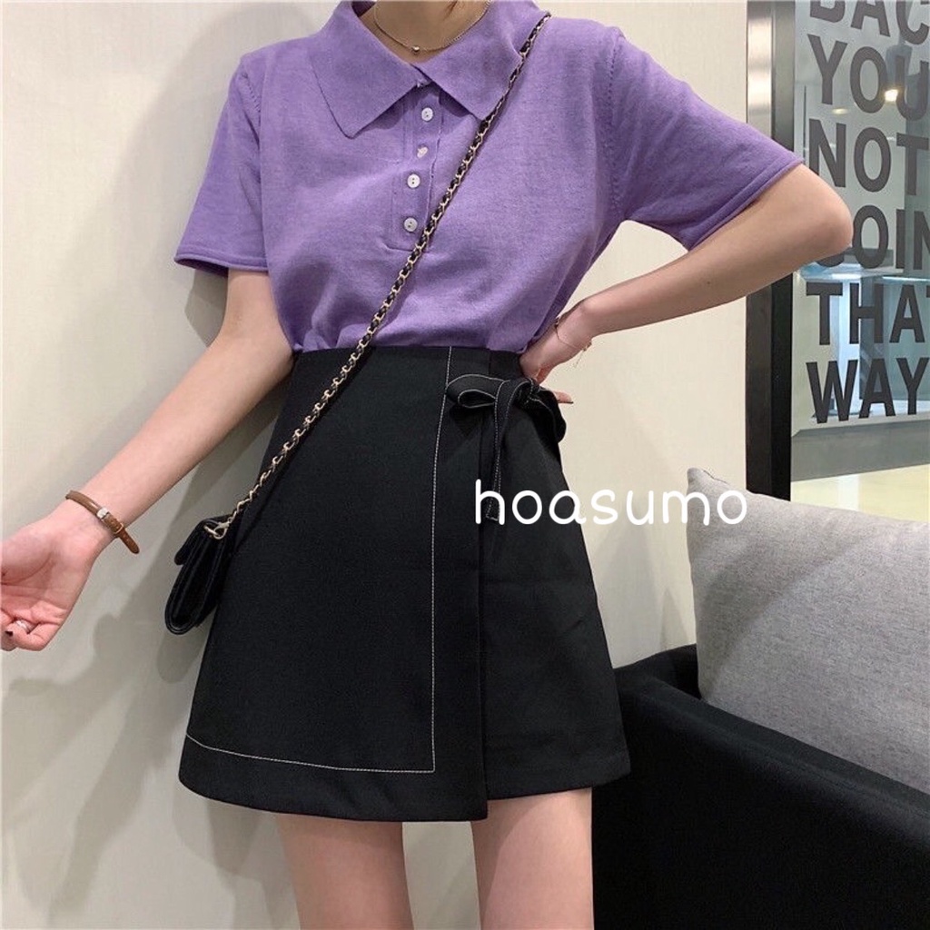 Chân váy nữ ngắn chữ A xòe,chân váy đen trơn chỉ nổi đính nơ, chân váy công sở lưng cao cá tính siêu đẹp cv463