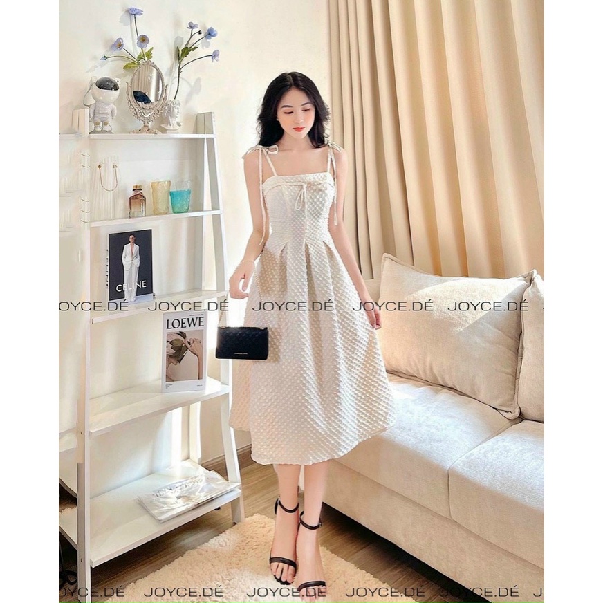 Đầm gấm xốp trắng dây midi VIBED