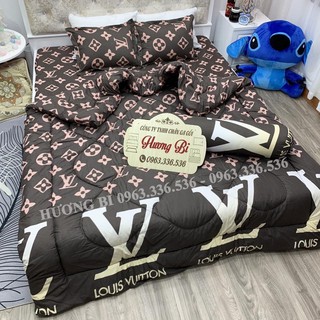 Bộ Chăn Ga Gối Cottong Poly Chăn Phao 5 Món- LV Nâu