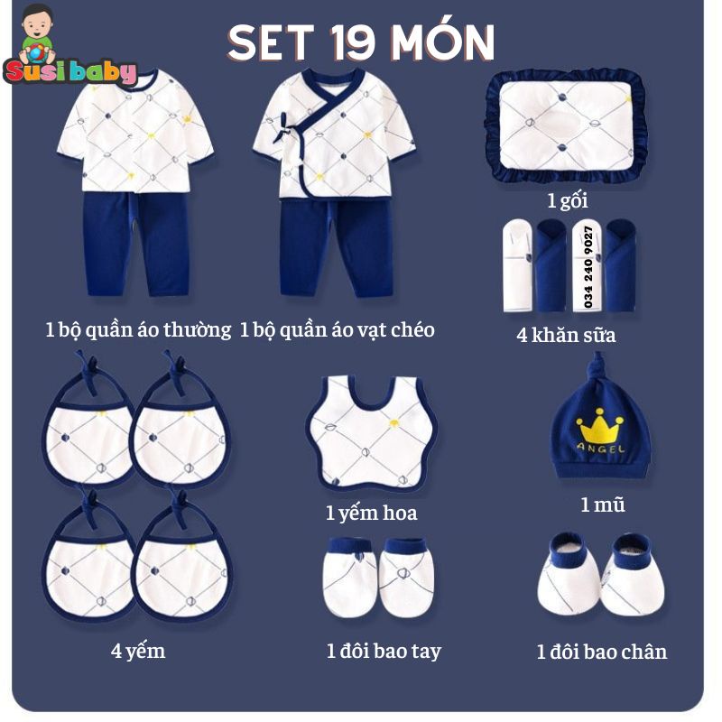 [KÈM QUÀ TẶNG] SET ĐỒ SƠ SINH 19 CHI TIẾT CAO CẤP 2 MÀU HỒNG XANH CHO BÉ TRAI BÉ GÁI LÀM QUÀ ĐẦY THÁNG