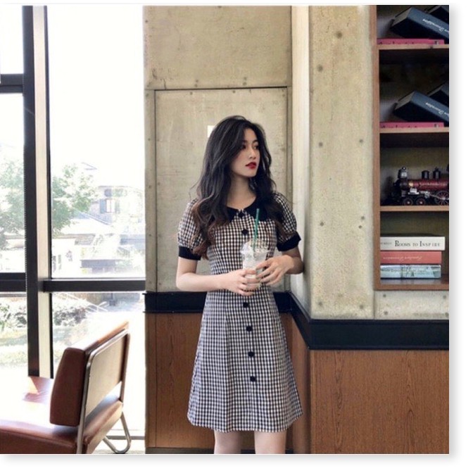 ĐẦM SUÔNG NỮ CARO PHỐI CỔ BÈO TAY BỒNG NHẸ THANH LỊCH TIỂU THƯ CỰC XINH