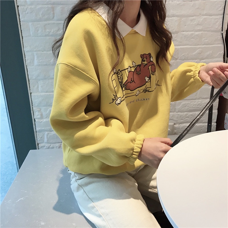Áo Sweater Có Cổ Dáng Rộng Lót Nhung Dày Dặn In Hình Gấu Thời Trang Mùa Thu