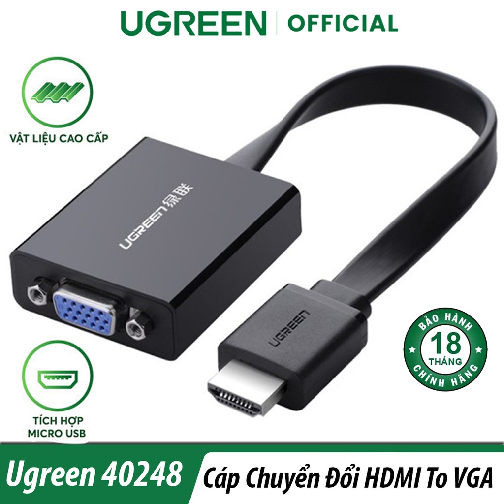 Cáp Chuyển HDMI Sang VGA Kèm Audio Full HD (Dây Dẹp Màu Đen) Ugreen 40248 Chính Hãng